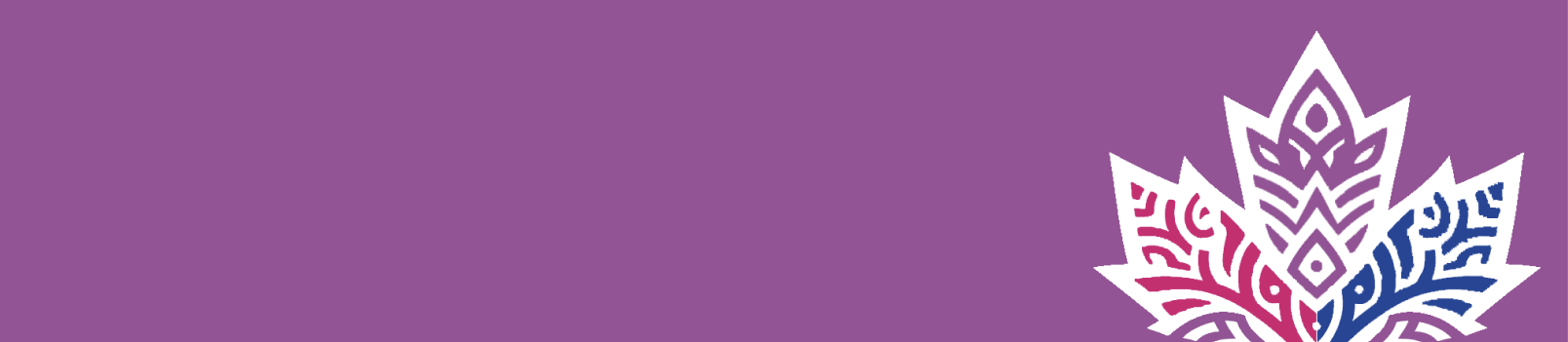 A purple banner with an Indigenous, bi-coloured maple leaf.