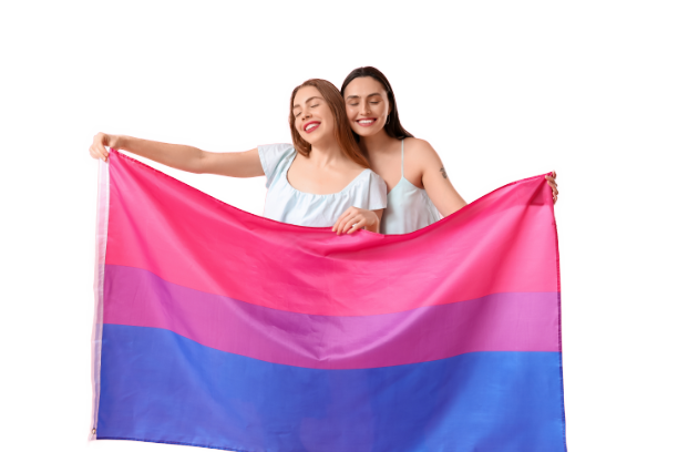 Two individuals holding a bisexual pride flag