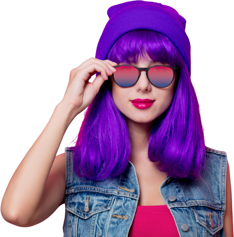 A cool young woman with purple hair and a purple toque holds the side of a pair of bi-coloured sunglasses.